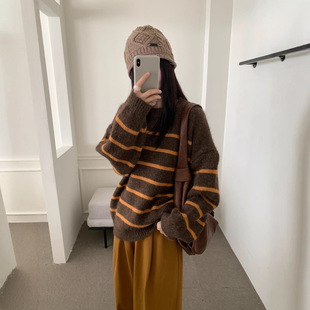 韩系复古百搭圆领套头气质宽松毛衣针织衫 秋冬新款 女 条纹毛衣