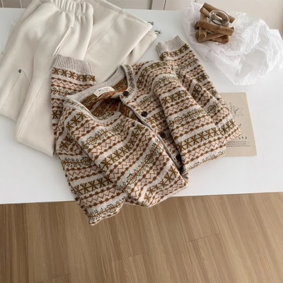 韩版复古费尔岛提花浣熊绒开衫