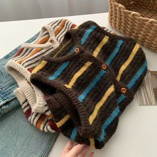 秋冬叠穿显白复古条纹绒绒针织马甲开衫 女软糯拉毛毛衣背心外套新