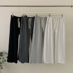 女慵懒松弛宽松毛边直筒裤 韩国东大门九分裤 抽绳运动休闲微喇卫裤