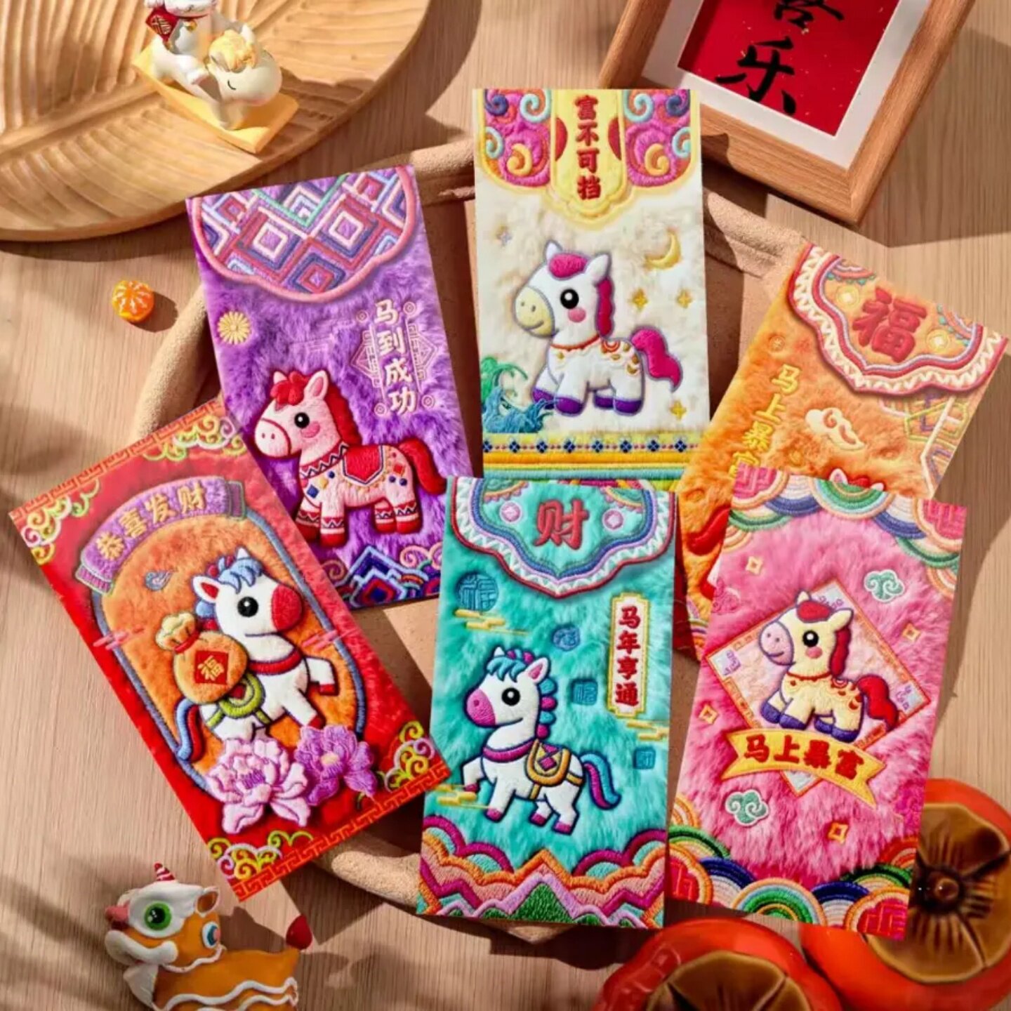2026马年5D平面毛绒刺绣风格可爱卡通新年红包过年春节儿童利是封