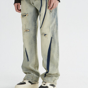 高街阔腿直筒裤 黄泥染水洗做旧美式 男秋冬季 新因素破洞补丁牛仔裤