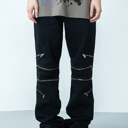 【张峻豪同款】XINYINSU新因素膝盖多拉链分割微喇叭直筒牛仔裤-封面