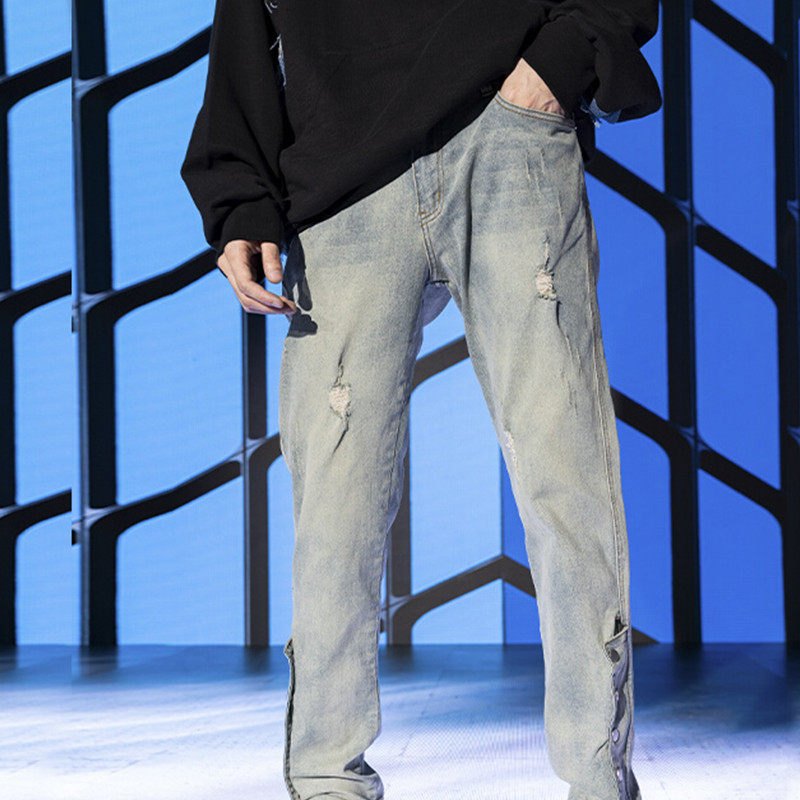 XINYINSU新因素侧边拉链排扣牛仔裤水洗破洞vibe风美式高街小脚裤