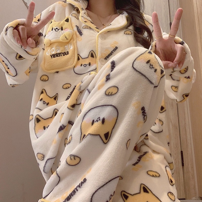 睡衣女卡通加绒加厚法兰绒家居服