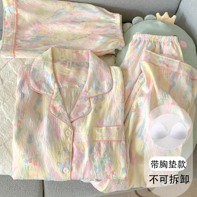 带胸垫大码睡衣女夏云朵棉三件套