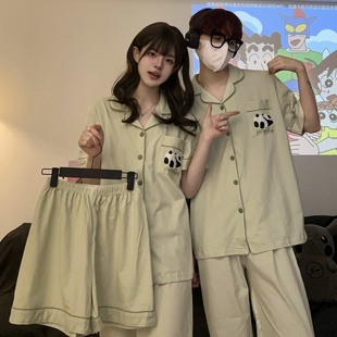 奶系格子熊猫纯棉情侣睡衣女春秋2024年新款 三件套短袖 家居服夏季