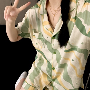 棉纱绉布宽松家居服套装 夏季 短裤 甜美绿条纹大码 可外穿 睡衣女短袖