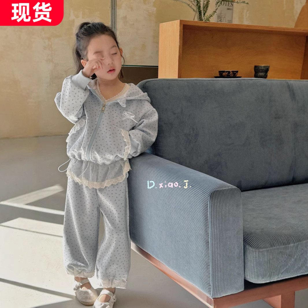 大小卷2025新款爆款女童卫衣套装春季蕾丝碎花运动漂亮超好看春装