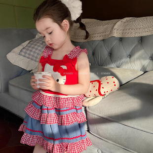 大小卷夏季新款女宝宝童红色格子猫咪吊带蛋糕裙短裤两件套装韩国