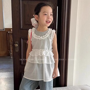 大小卷夏季 新款 女童宝宝两件套甜美背心上衣吊带衫 连衣裙花边韩版