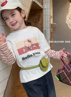 26大小卷女童纯棉长袖T恤儿童HelloKitty插肩袖假两件打底衫上衣