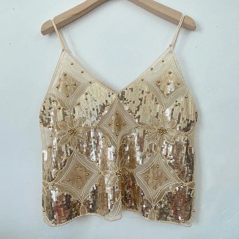 Summer Female Heavy Industry Sequin Studs Sexy Thin Short V--封面