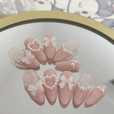 Handmade Made False Nail Art With Pearls And Nows Wearable N