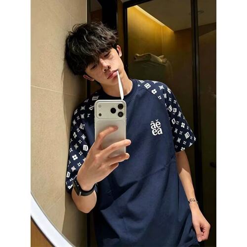 美式潮牌藏青色字母刺绣圆领短袖t恤男夏季宽松印花情侣百搭上衣
