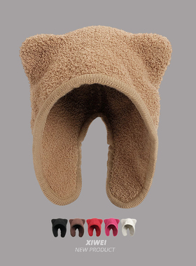 网红可爱小熊耳朵软绒雷锋帽女大头围秋冬保暖护耳包头飞行帽子男