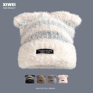 韩版可爱耳朵猫毛绒帽子女秋冬百搭双角针织护耳帽加绒保暖雷锋帽