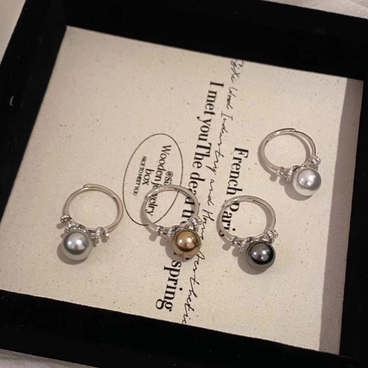 S925纯银施家珍珠镶钻缠绕戒指女小众设计开口轻奢高级感食指戒