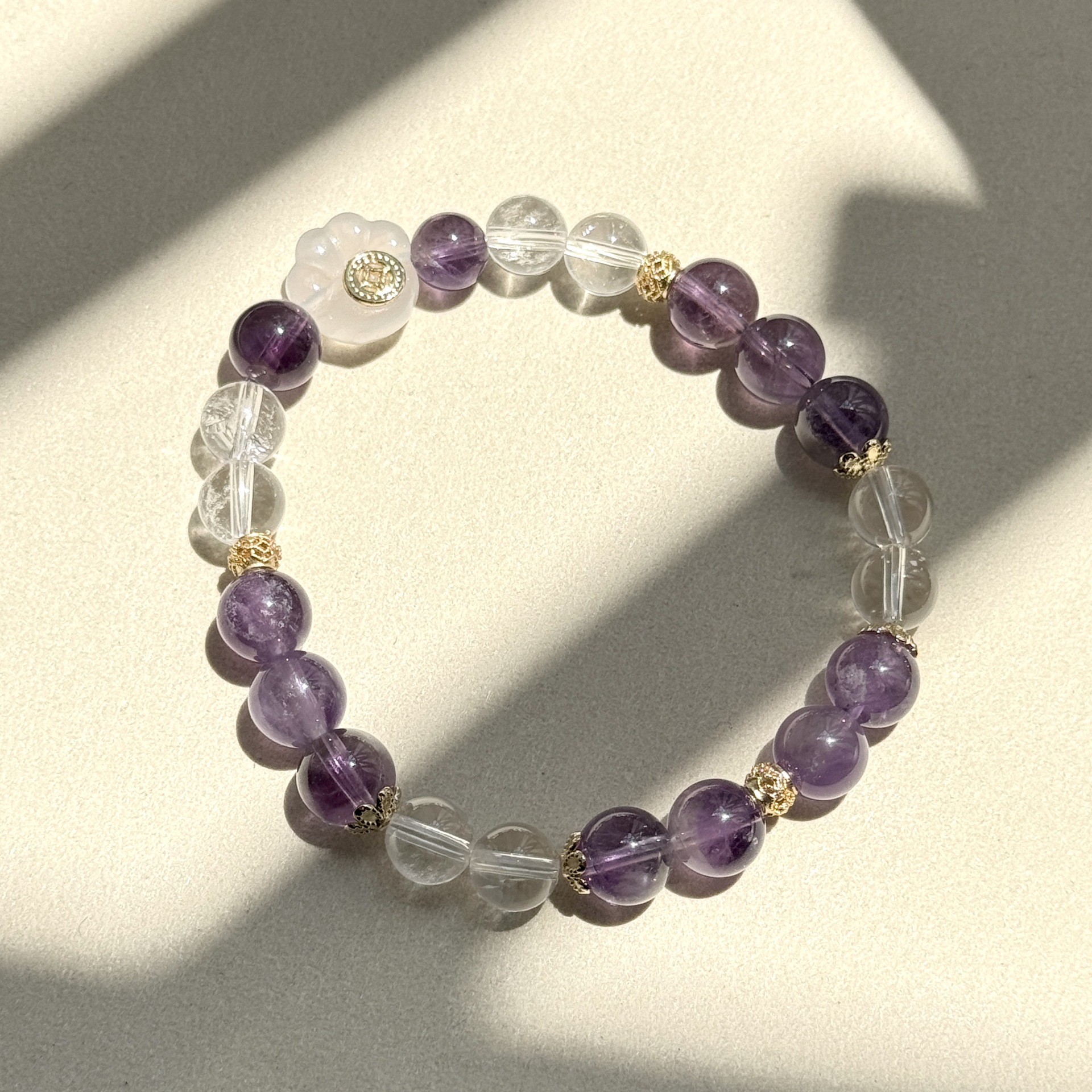 天然白水晶拼接紫水晶手串荔枝冻玛瑙猫抓手链女高级感原创设计