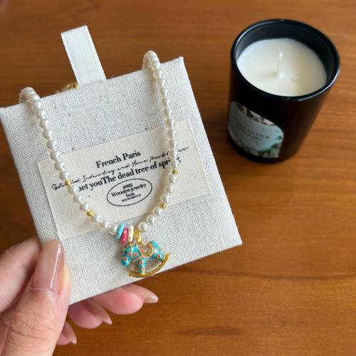 纯银童趣木马吊坠施家珍珠甜甜圈项链女小众设计甜美颈链百搭礼物