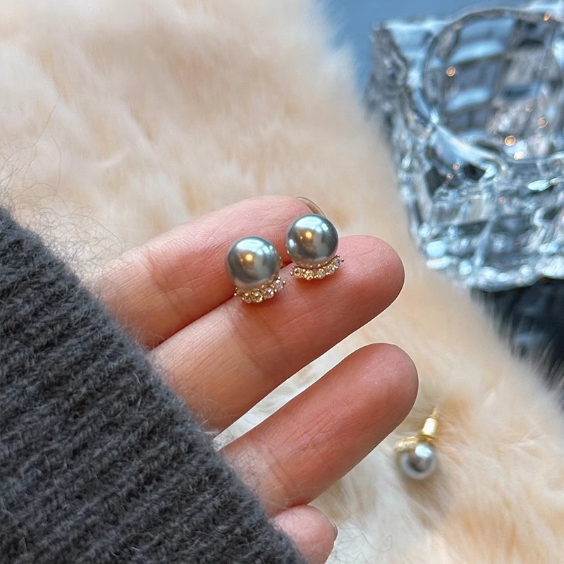 s925纯银老钱风小巧微笑镶钻施家珍珠耳钉女轻奢高级感耳环耳饰