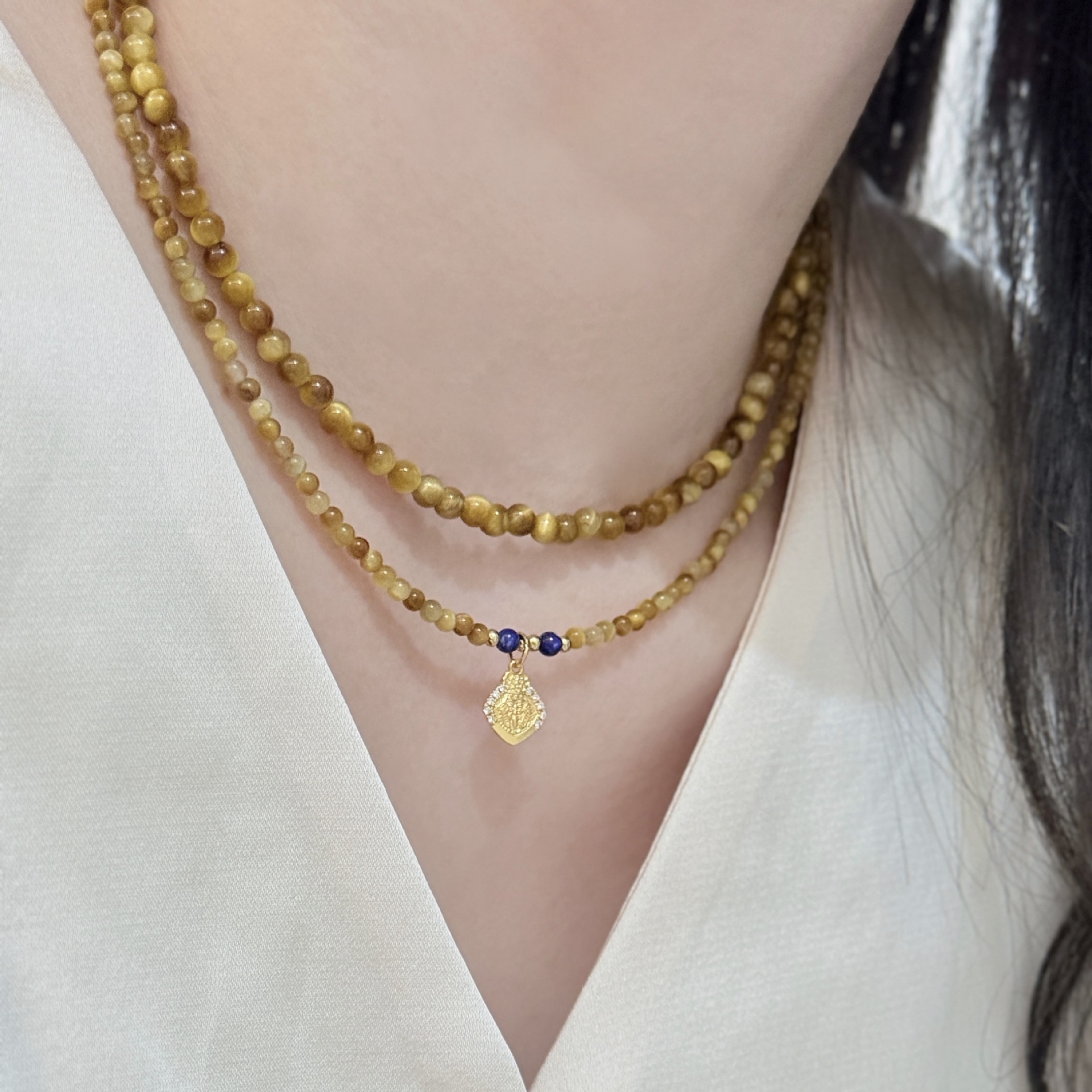 金霸大综合双层天然金虎眼石颈链扎基拉姆五路财神项链轻奢高级感