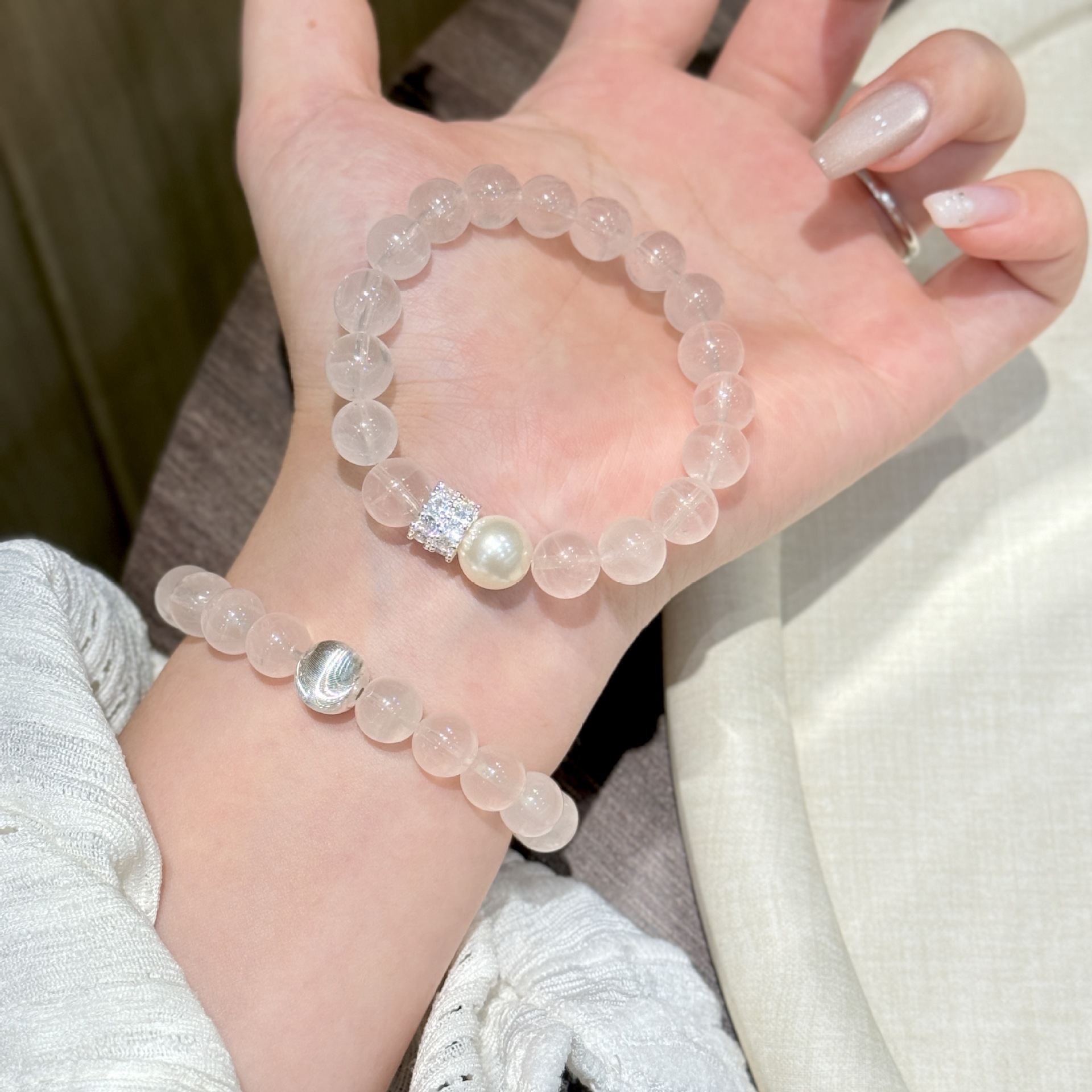 s925纯银天然马达加斯星光粉晶手串猫眼手链简约小众设计精致手饰