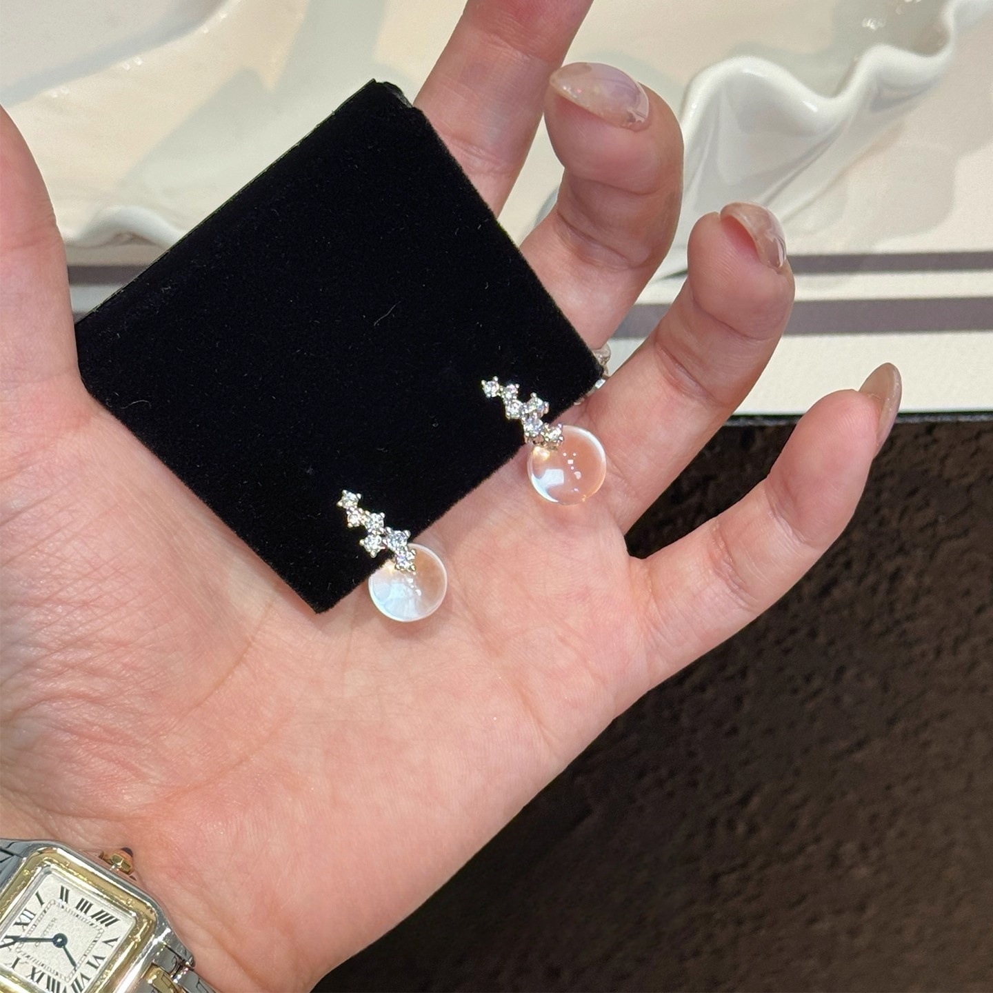 繁星白水s925纯银天然白水晶耳钉冰透白色球球耳环轻奢高级感耳饰