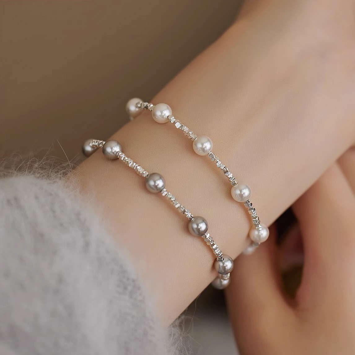 满天星珍珠手链s925纯银碎银子叠戴简约气质小众设计高级感ins女