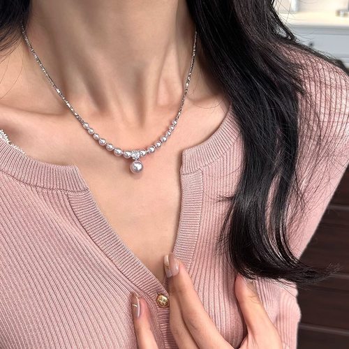 s925纯银渐变曼塔玫瑰冷调粉色施家珍珠碎银子灯泡项链女温柔轻奢