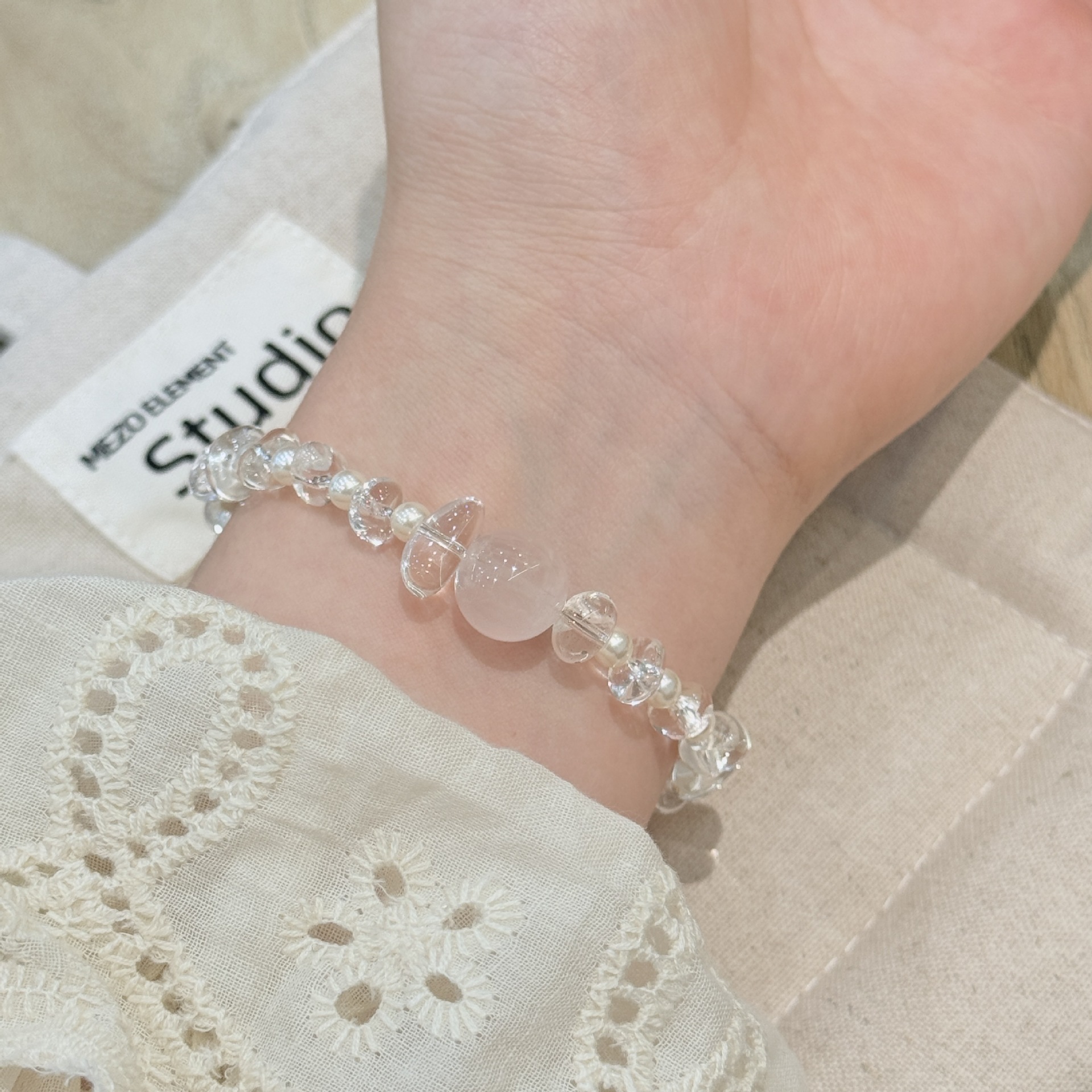 s925纯银天然白水晶间隔珍珠配饰粉晶手链轻奢小众高级感手饰