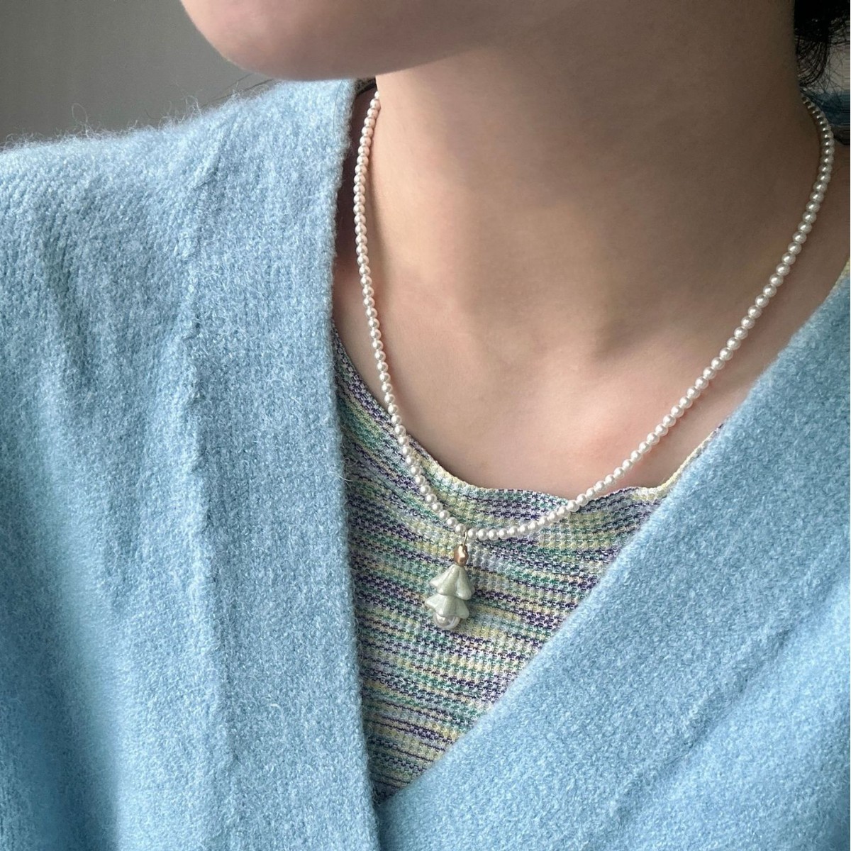 s925纯银圣诞树吊坠baby珍珠项链圣诞节氛围小清新配饰锁骨链