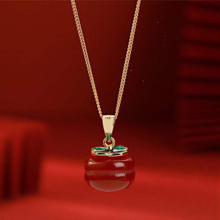 纯银女柿子柿柿如意锁骨链 配饰侧身链 原创网红风吊坠红玛瑙项链