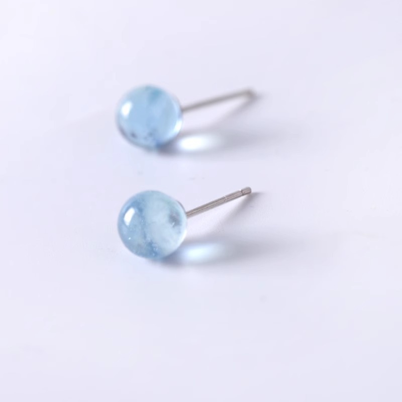 s999足银玄学耳钉女纯银天然海蓝宝耳环小众简约百搭蓝色水晶耳饰