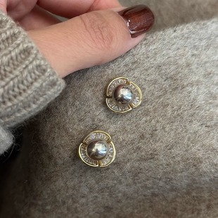 伴彩银灰色珍珠花蕊气质耳环法式复古花朵耳钉女高级感轻奢耳饰