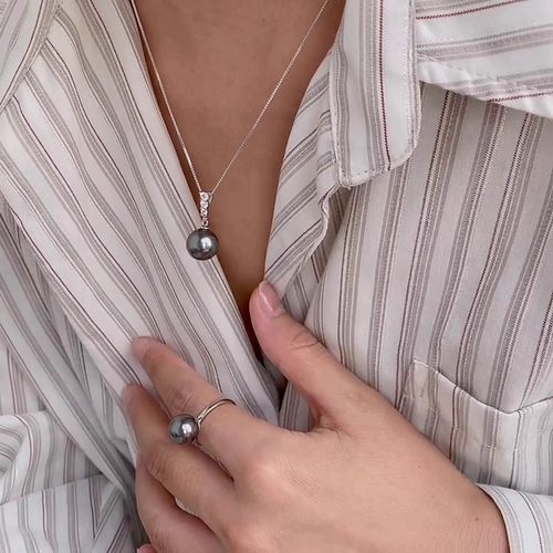 珍珠吊坠项链纯银高级叠戴施家大黑单颗s925闪亮细长款颈链