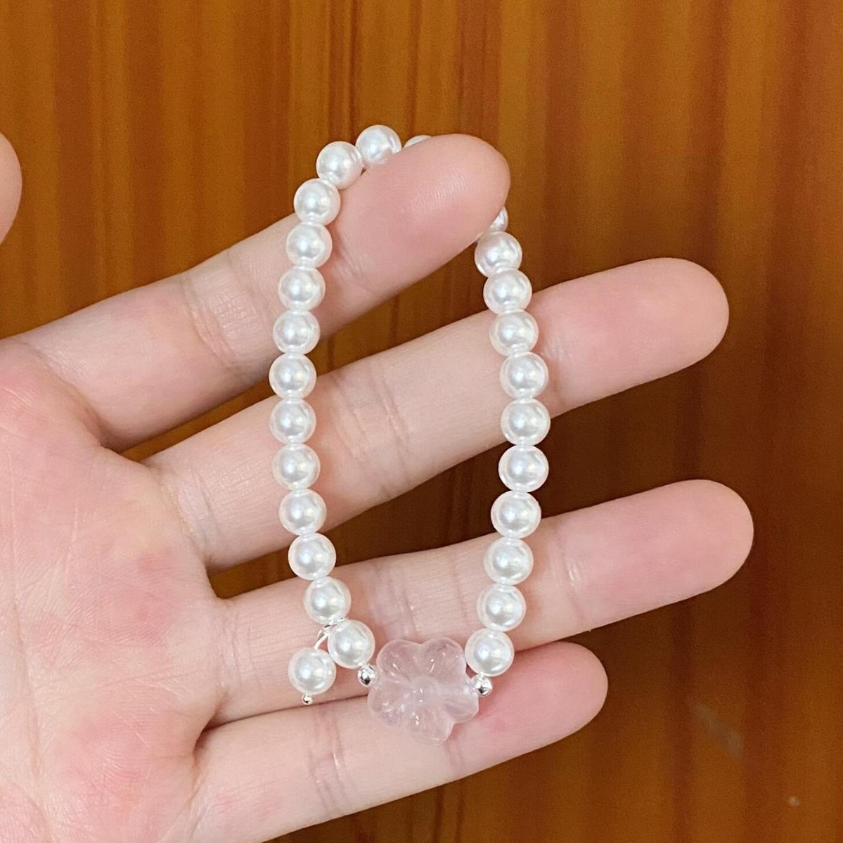 纯银天然粉晶桃花手链女生串珠珠子施家珍珠手饰轻奢高级感精致