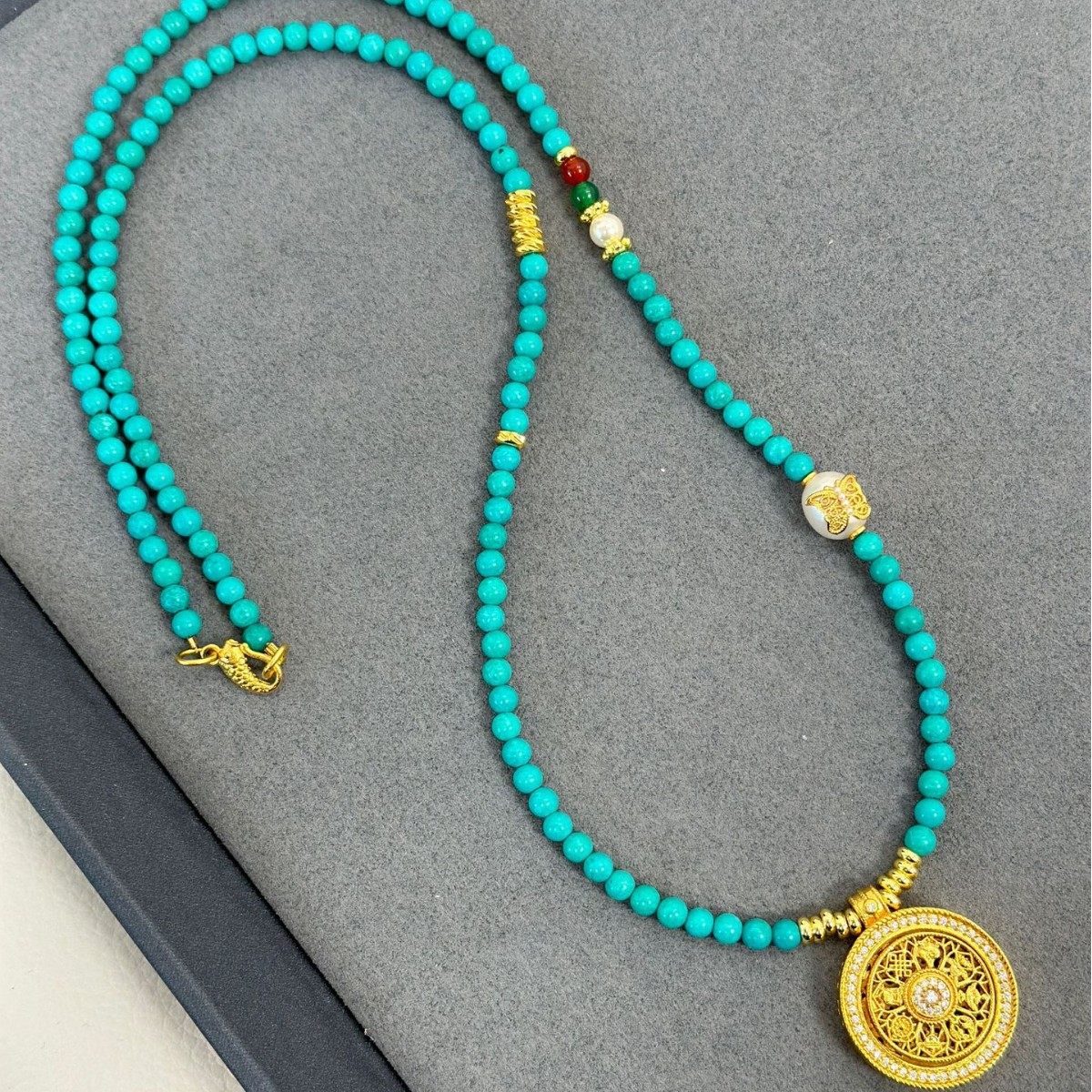 天然绿松石项链八宝罗盘毛衣链串珠吊坠长款新中式轻奢古法烧蓝,饰品/流行首饰/时尚饰品新,颈饰,淘宝优惠券,粉丝福利购,淘宝优惠卷