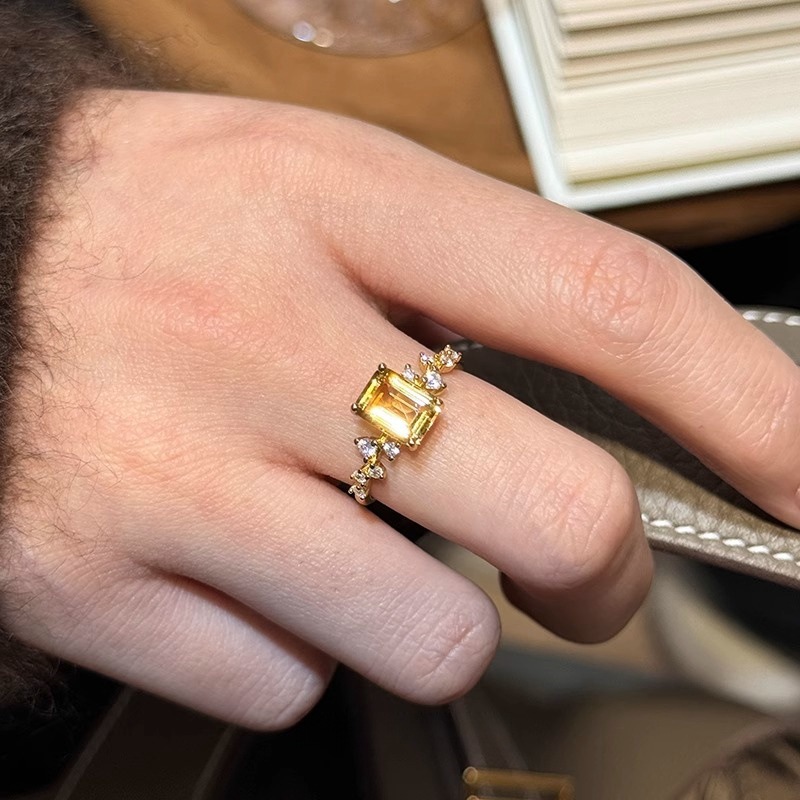 s925纯银天然黄水晶方糖戒指女轻奢精致高级感小众高端宝石食指戒