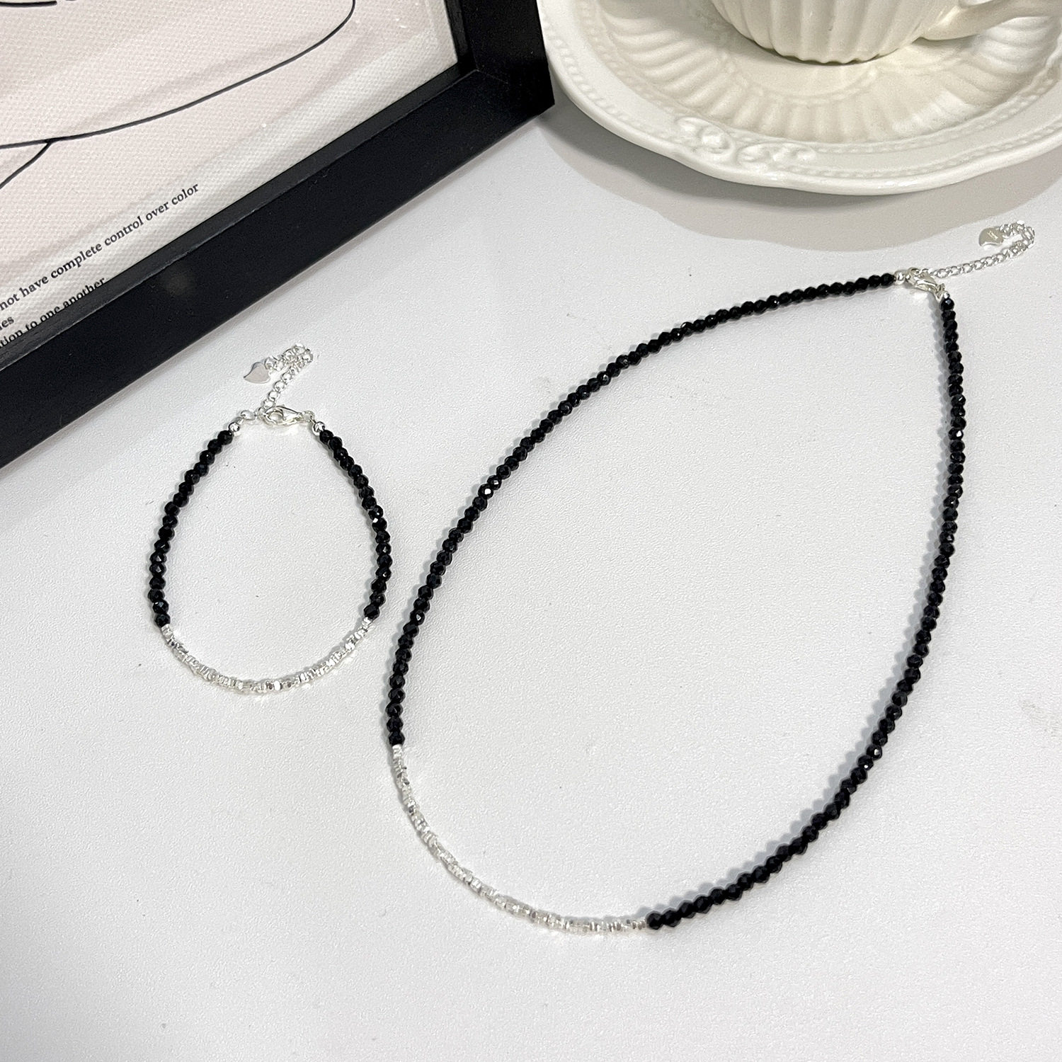s925纯银黑暗风水晶碎银子项链女锁骨法式碎银几两颈链简约几何