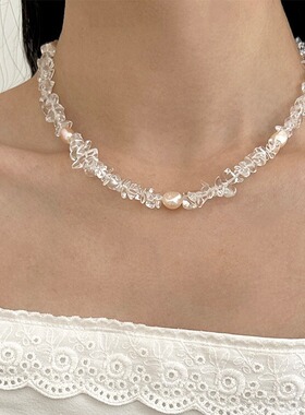 s925纯银不规则白水晶串珠天然淡水珍珠项链女高级感亚马逊