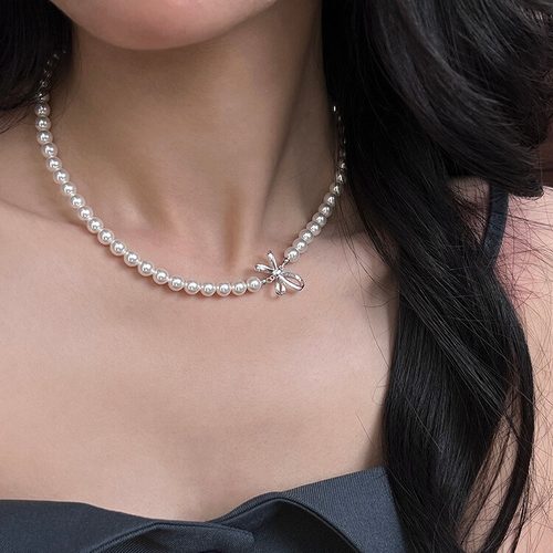 s925纯银轻奢小众丝带蝴蝶结施家珍珠项链女高级感锁骨链百搭颈链