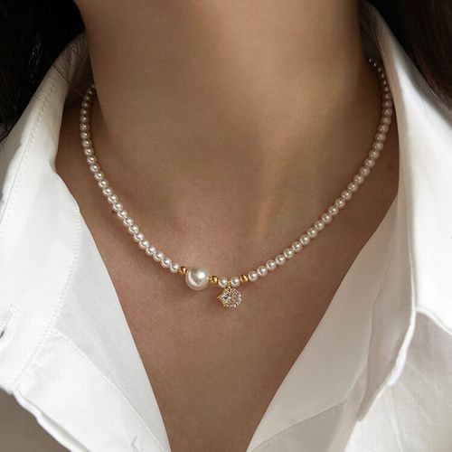 纯银施家珍珠镶钻星星项链女轻奢小众设计高级感锁骨链五角星吊坠