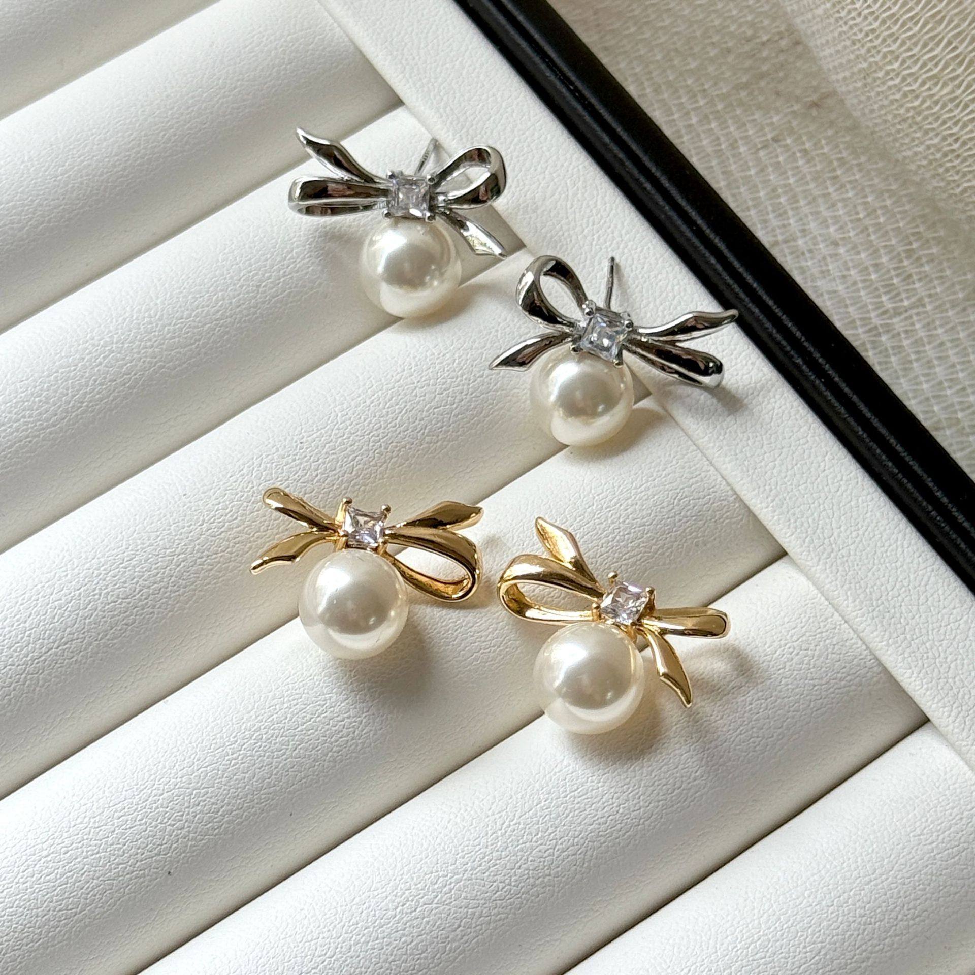 s999足银耳饰银针天女珠光面蝴蝶结耳钉女温柔气质轻奢绝美耳环