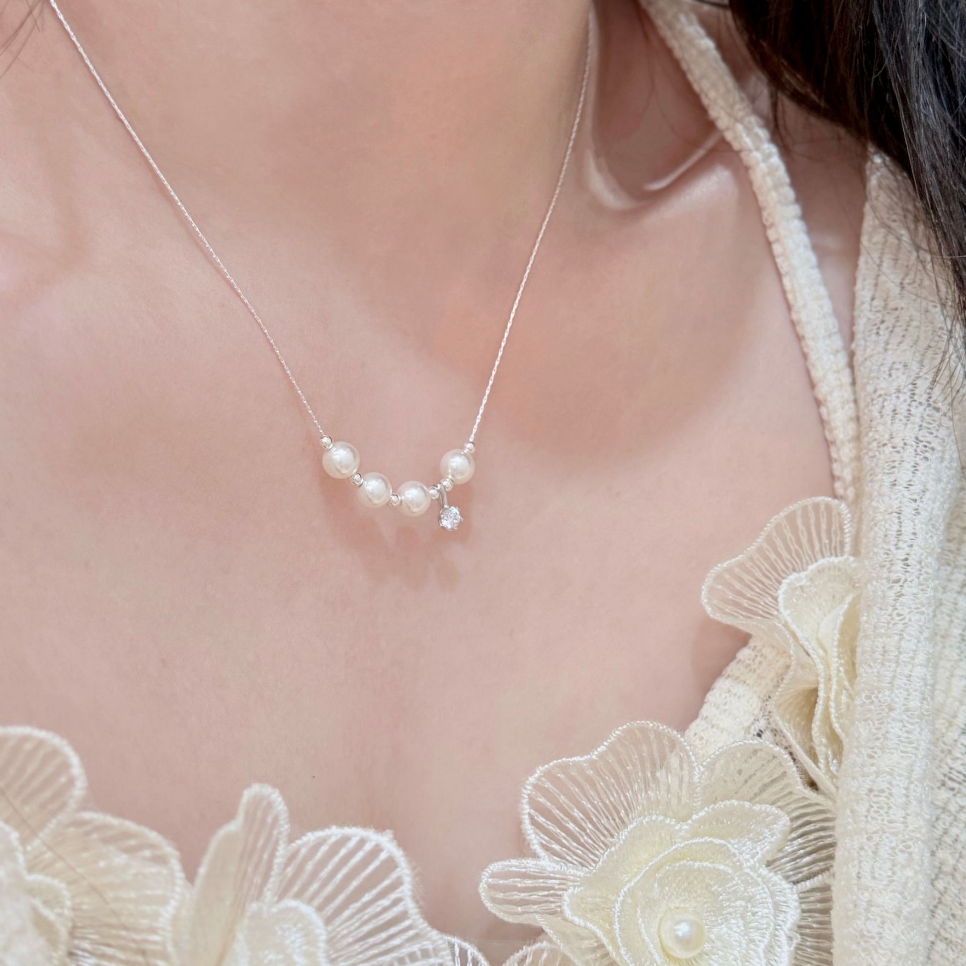 s925纯银单钻吊坠施家珍珠项链轻奢高级感简约气质蛇骨链小众设计