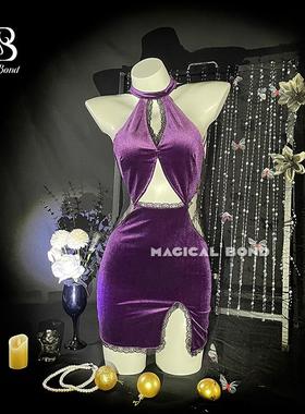 旗袍制服紫色显瘦性感包臀裙情绪趣q衣服直播