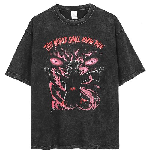 Anime Pain Printed T Shirt Men Retro Washed  Cotton Tops