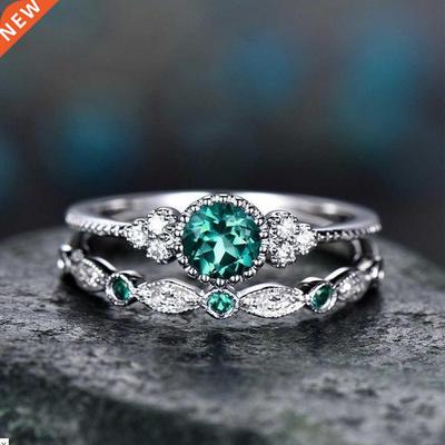 S925 New Inlaid Emerald Zircon Ring Moissan Diamond Engageme