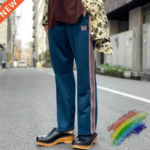 Sea Blue Needles Pants Men Women Stripe Butterfly Embroidery