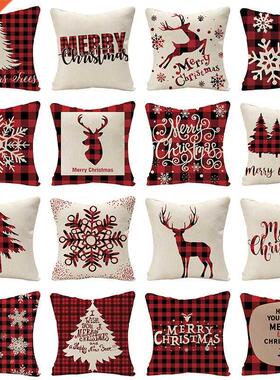 Linen Red Scottish Plaid Christmas Cushions Case Reindeer es